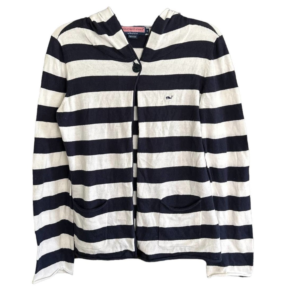 Vinyard Vines Women's Cardigan Sweater 100% Cotton Navy White Stripe Hood Small